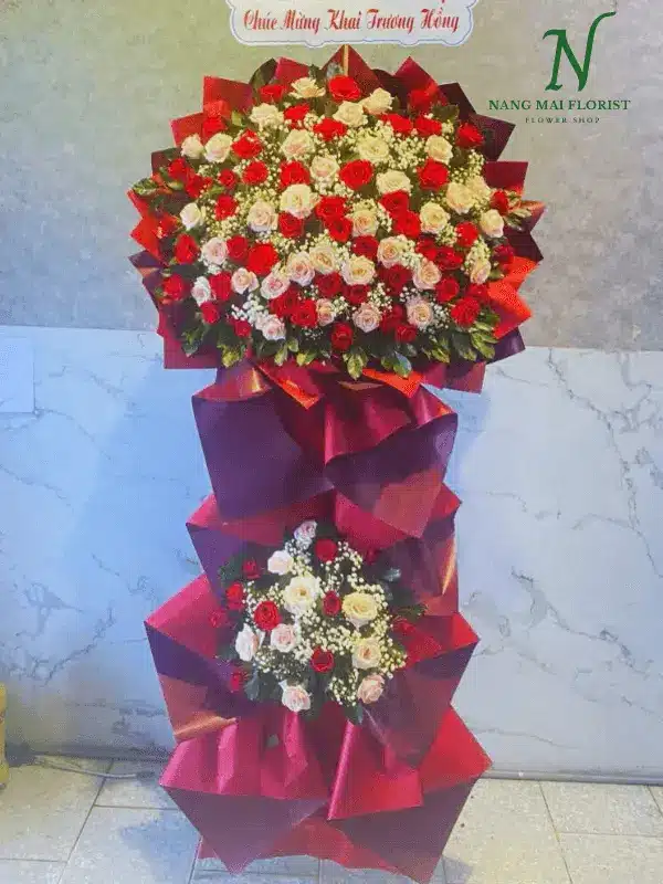 Kệ hoa khai trương hồng đỏ trắng – shop hoa tươi Bình Tân Điện Hoa Nắng Mai