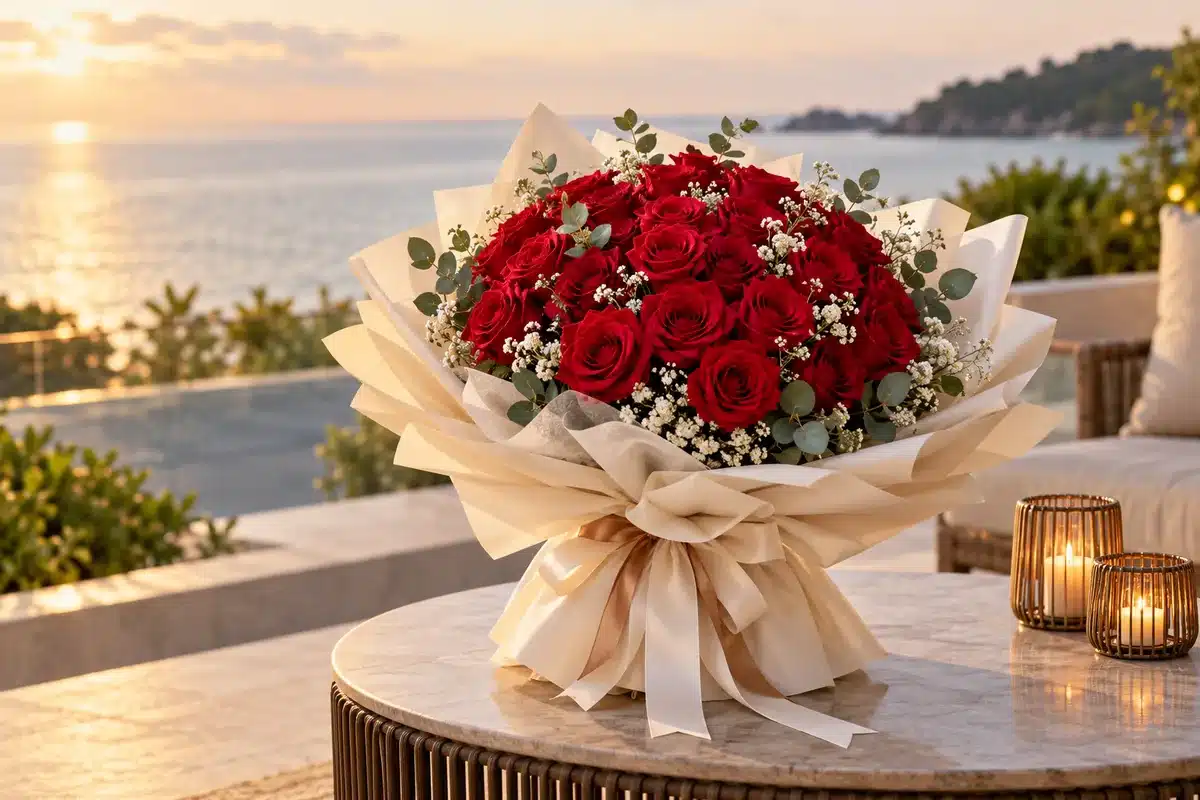 Bó hoa hồng đỏ lãng mạn trên bàn ven biển – shop hoa tươi Cần Giờ